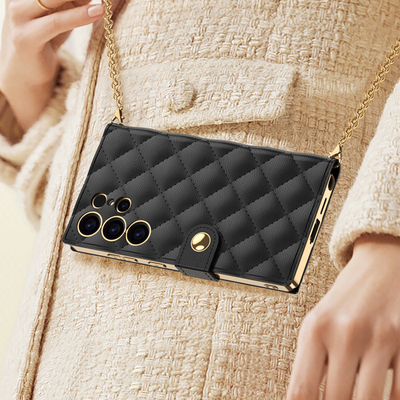 三星S25Ultra手机壳全包防摔S24Ultra菱格翻盖式皮套时尚卡包钱包斜挎可背挂绳带支架S23Ultra外壳韩国小香风