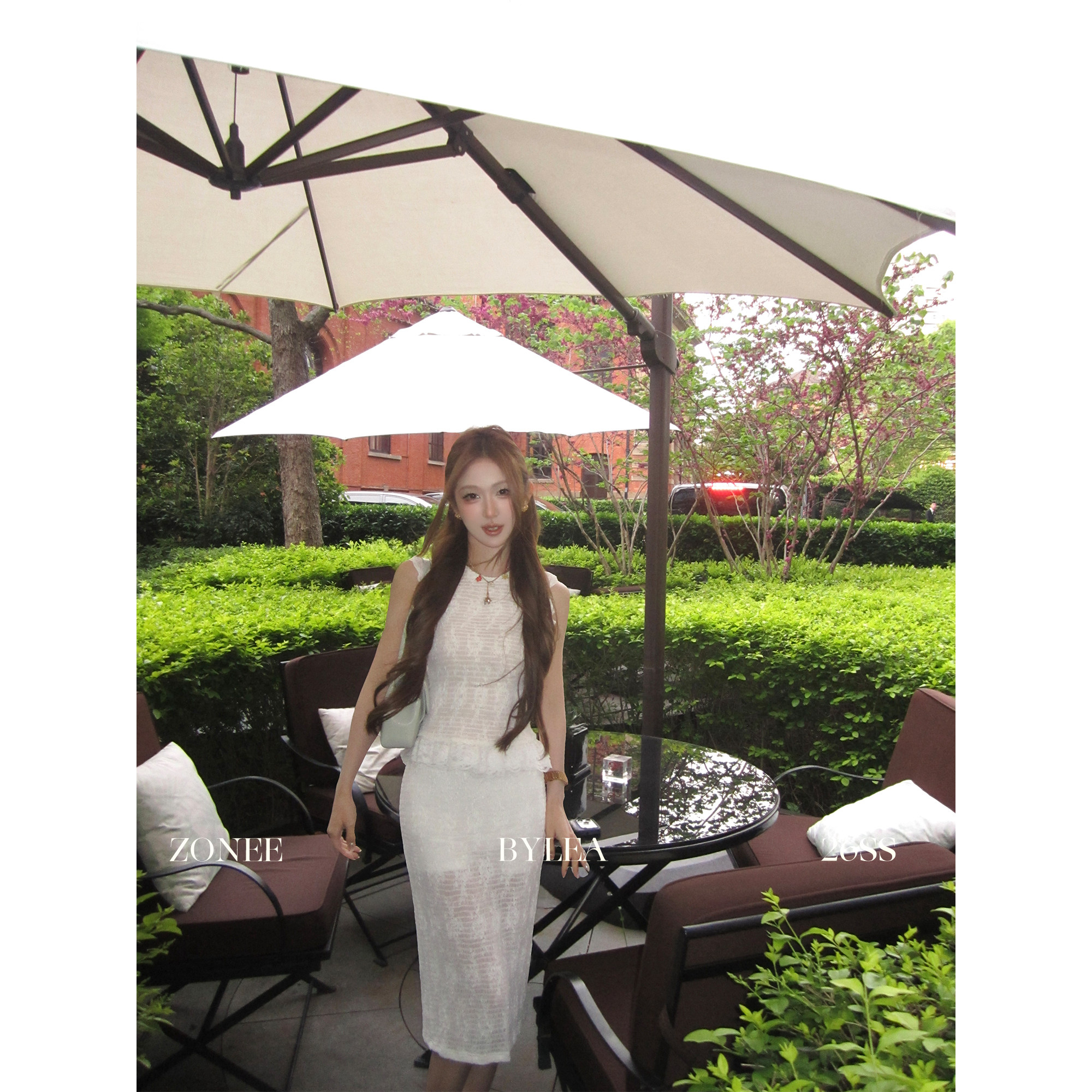 ZONEE/LEA宋亦雯 白天鹅 法式蕾丝拼接荷叶边无袖上衣半裙套装女