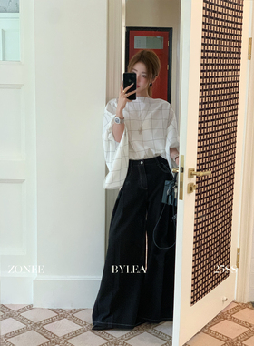 ZONEE/LEA宋亦雯 看展日 原创设计蝙蝠袖白色宽松格纹衬衫上衣女