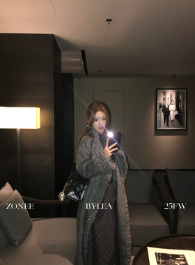 ZONEE/LEA宋亦雯清冷贵女 法式绵羊毛山羊绒毛绒拼接长款大衣外套