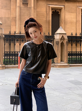 ZONEE 新风貌the new look 法式复古休闲感利落剪裁黑色时髦皮T恤