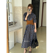 LEA宋亦雯 秋日缪斯 法式 ZONEE 原创设计中长款 气质条纹连衣裙女