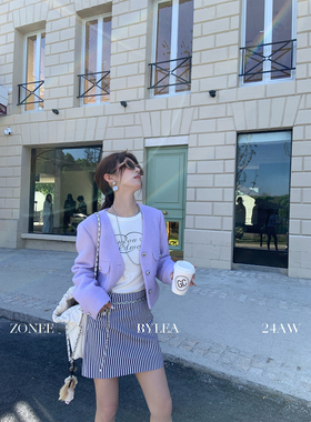 ZONEE/LEA宋亦雯 月光紫 法式设计感气质紫色小香风毛呢短款外套