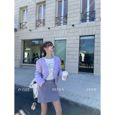 ZONEE/LEA宋亦雯 月光紫 法式设计感气质紫色小香风毛呢短款外套