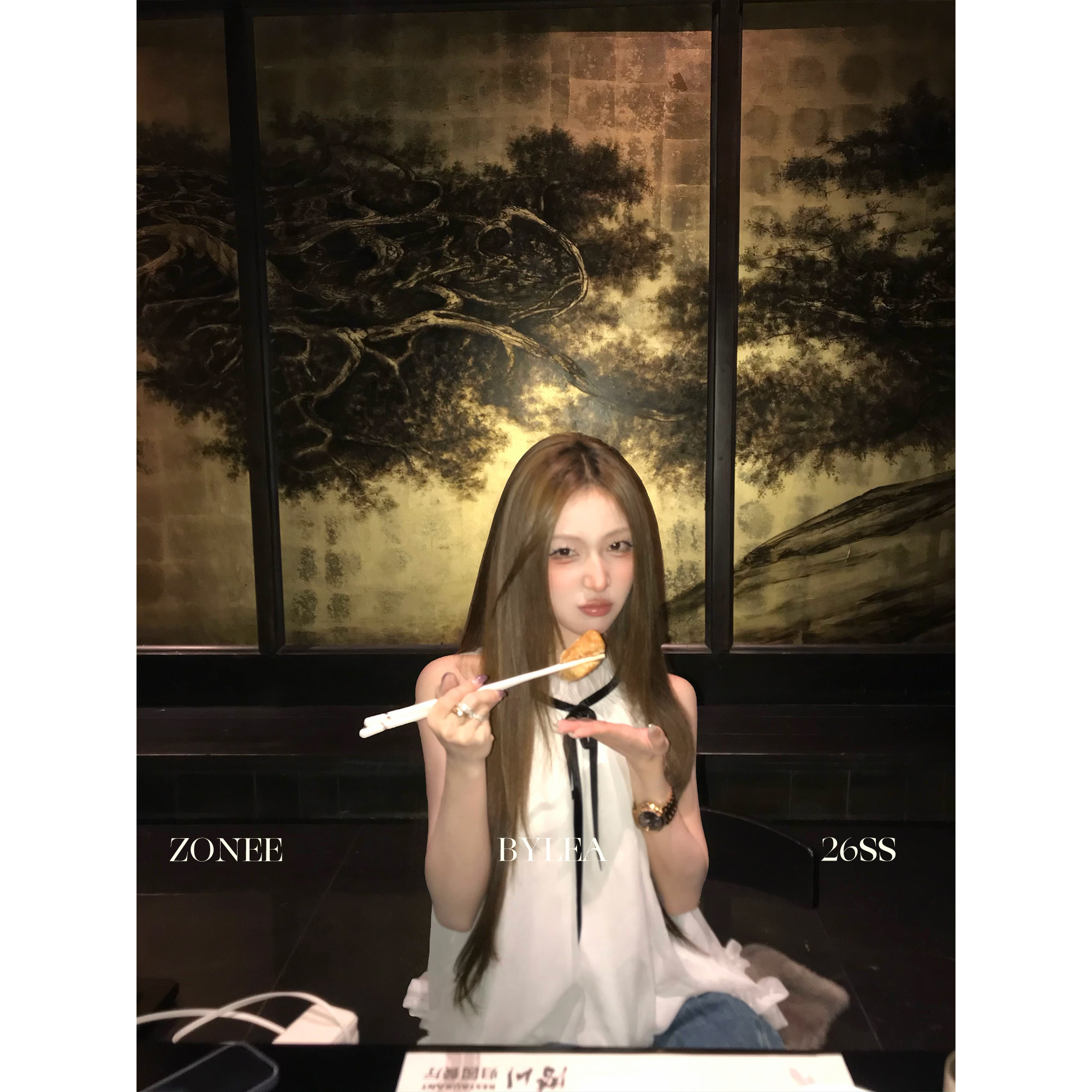 ZONEE/LEA宋亦雯 千金fitcheck 法式露肩无袖雪纺荷叶边无袖上衣