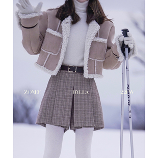 裙裤 灰棕色格纹高腰短款 带腰带 北国摩登格纹 Lea宋亦雯