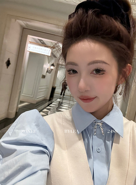 ZONEE Mardi的秋天 原创设计法式复古休闲感蓝色廓形剪裁秋夏衬衫