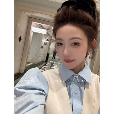 ZONEE Mardi的秋天 原创设计法式复古休闲感蓝色廓形剪裁秋夏衬衫