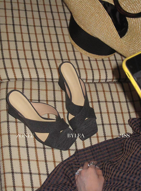 ZONEE 复古灰蓝色牛仔坡跟凉鞋