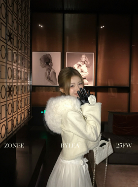 ZONEE/LEA宋亦雯 fluffy white 法式设计感小香羊毛连帽短外套女