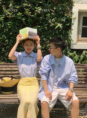 Lea宋亦雯 巴塞罗那的初夏 原创设计法式精致蓝色条纹情侣款衬衣