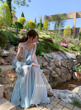 ZONEE/LEA宋亦雯 Blueblooms蓝色绽放中度假风天丝吊带裙裤套装