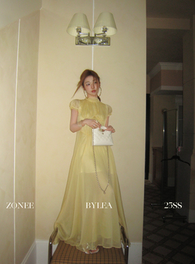ZONEE/LEA宋亦雯 Dear Carrie 法式泡泡袖黄色雪纺飘逸连衣裙女