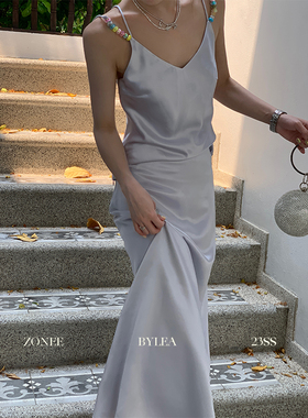 Lea宋亦雯 她好浪漫 原创法式精致感多色串珠吊带灰紫色醋酸套装