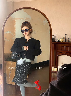 ZONEE 永远相信黑色 法式复古摩登感花苞袖黑色羊毛小香短外套女