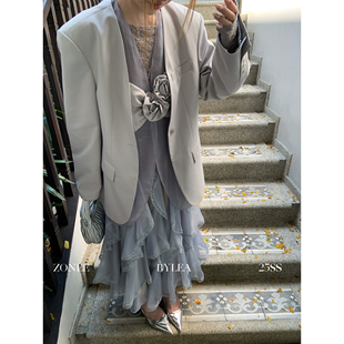 设计感假两件春夏宽松休闲西装 灰玛瑙法式 外套女 LEA宋亦雯 ZONEE