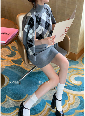 ZONEE 丹麦姐妹 法式精致感灰色格纹秋夏针织无袖外套半裙三件套
