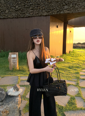 ZONEE/LEA宋亦雯 率性Leslie原创设计法式显瘦拼接网纱黑色pu吊带