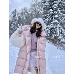 鹅绒服 浅樱花粉大翻领连帽两穿长款 Lea宋亦雯 粉陶瓷