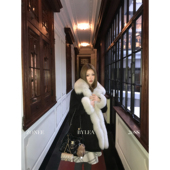 ZONEE LEA宋亦雯 黑色法兰绒狐狸毛拼接麂皮加厚保暖大衣外套女冬