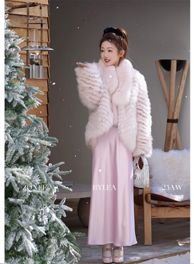 ZONEE First Love粉色狐狸毛！法式雪山玫瑰藕粉皮草外套围脖套装