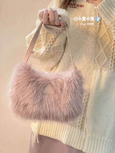 3CE粉色毛毛包九月新品 烟粉色系列秋冬单肩包 少女毛绒包腋下包