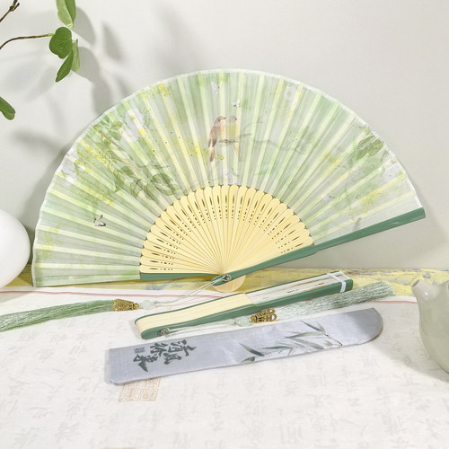 手工绫绢折扇烤漆边拍照道具竹扇