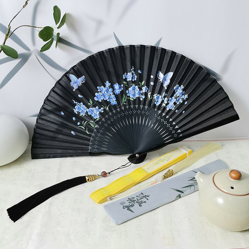 黑色手工折扇新中式女扇国风折扇