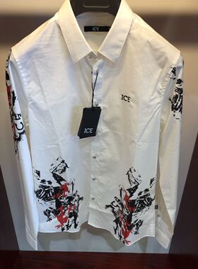 ICE冰山男士秋季新款时尚印花图案休闲白色长袖衬衫修身潮流