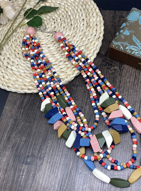 木质烤漆圆珠链女多层项链