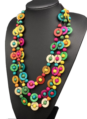 波西米亚风圆片木珠多层手工项链