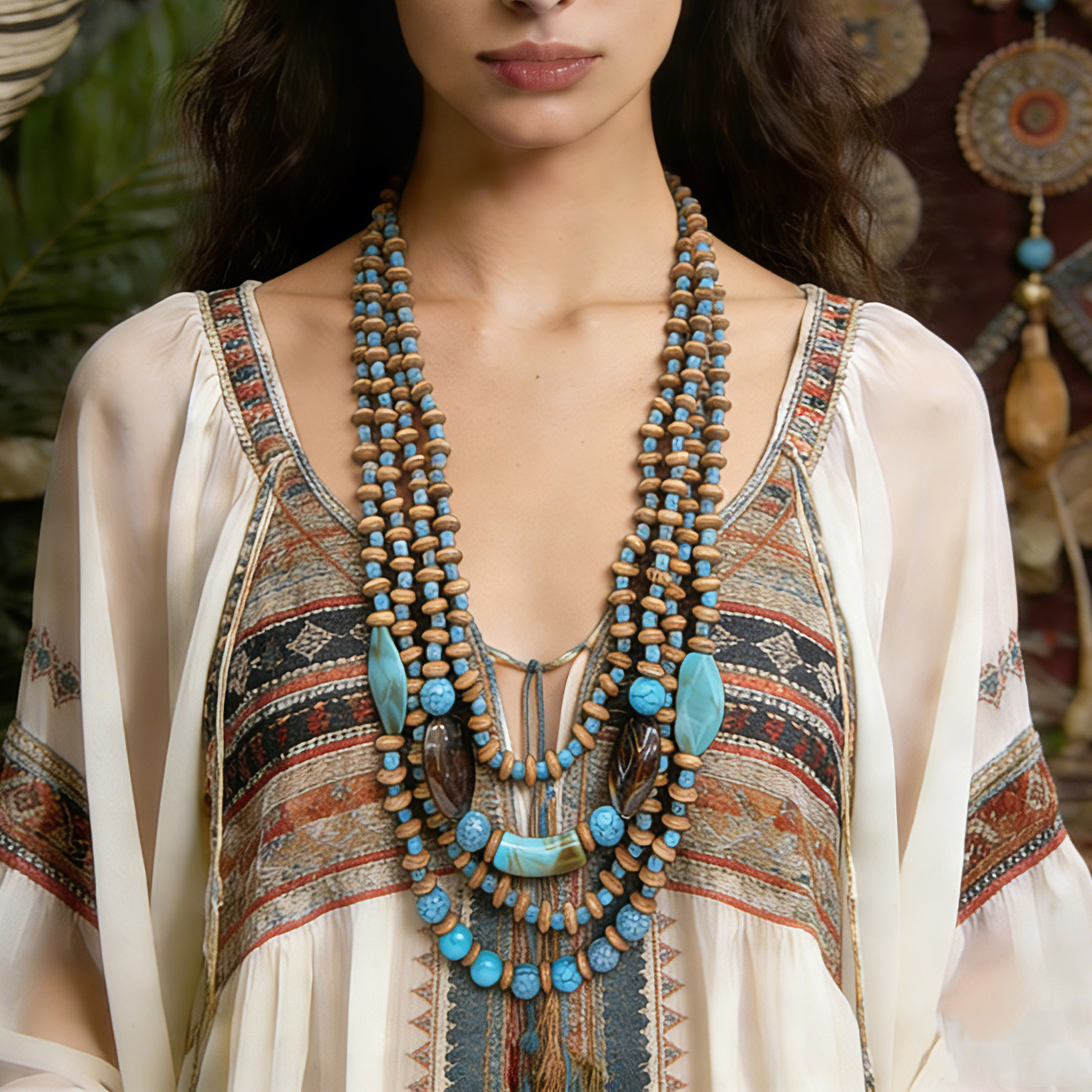 复古民族风木质绿松石多层项链女波西米亚长款毛衣链个性时尚配饰