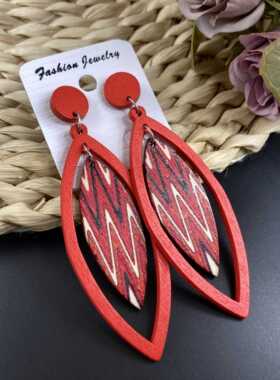波西米亚度假个性素款国风耳饰 木质树叶镂空长款民族风耳环