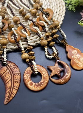 复古民族风长款木质棉麻毛衣链