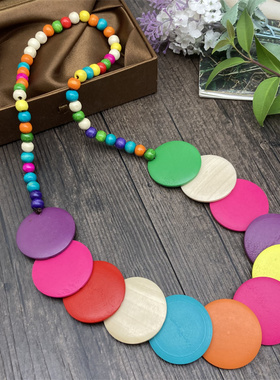 2022新款波西米亚大圆片木质圆珠项链 民族风百搭欧美复古配饰女