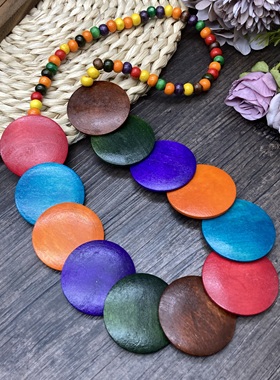 棉麻风百搭彩色木项链波西米亚民族风圆片夸张长项饰沙滩度假配饰