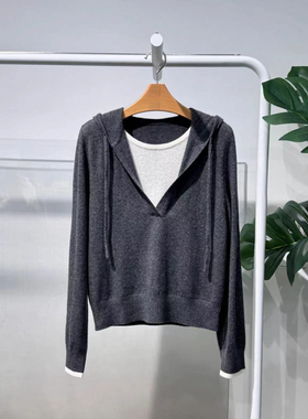 MM商场同款麦家2025秋连帽假两件拼接羊毛衫套头针织衫5GA134301