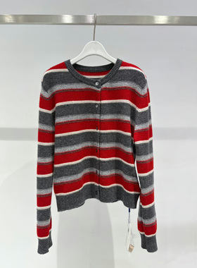 MM麦家2025秋冬新款休闲灰色条纹绵羊毛针织开衫女上衣4GA233771