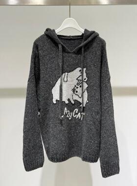 MM商场同款麦家新品深灰减龄猫咪印花连帽针织衫毛衣 4GA233221Q