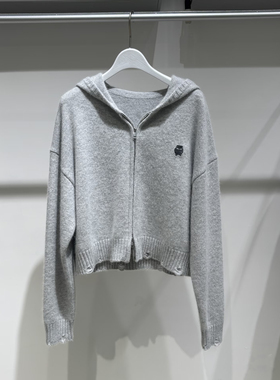 MM麦家2025秋新款灰色连帽拉链针织开衫女毛衣外套上衣4FC236081Q