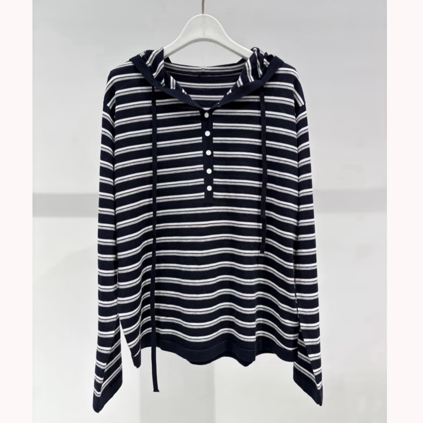 商场同款麦家25秋季新款条纹连帽长袖藏青针织衫上衣女4G8132891