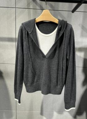 MM麦麦2025秋冬新款灰色绵羊毛假两件连帽针织衫毛衣女5GA134301