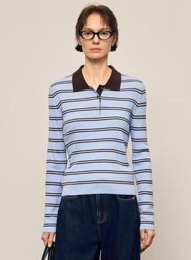 MM麦家商场同款2025秋通勤百搭简约POLO领条纹针织衫女5GA231401