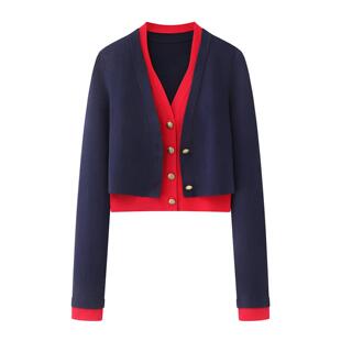 MM商场同款2025冬新款设计感撞色V领假两件针织开衫毛衣女801144