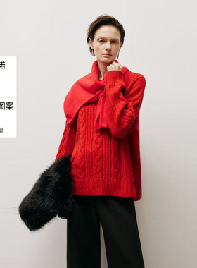 MM麦家商场同款冬季百搭宽松圆领红色绞花羊毛针织衫女5EC134111