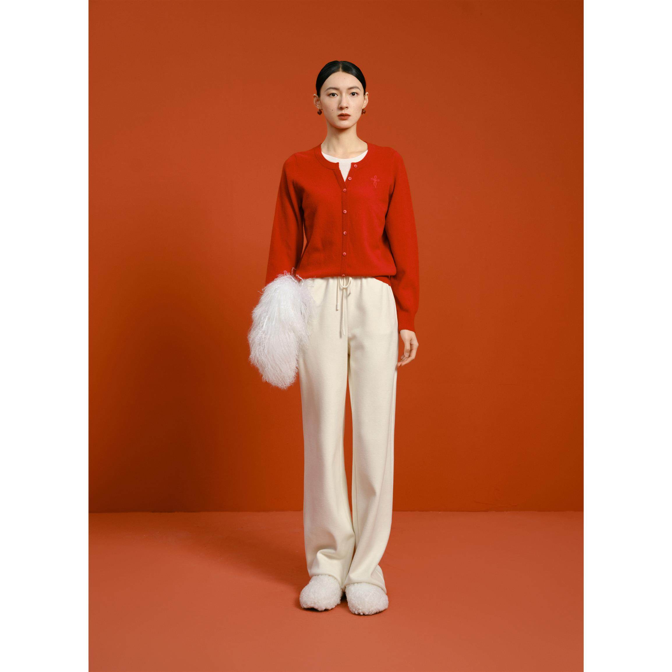 伊折扣商场同款25春季新气质百搭红色假两件套头针织衫1FC132314