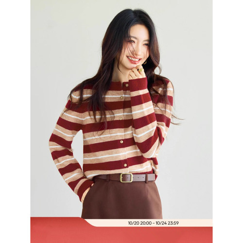 蒋欣代言【抗起球】伊折扣复古圆领条纹北极绒针织开衫1GA932771