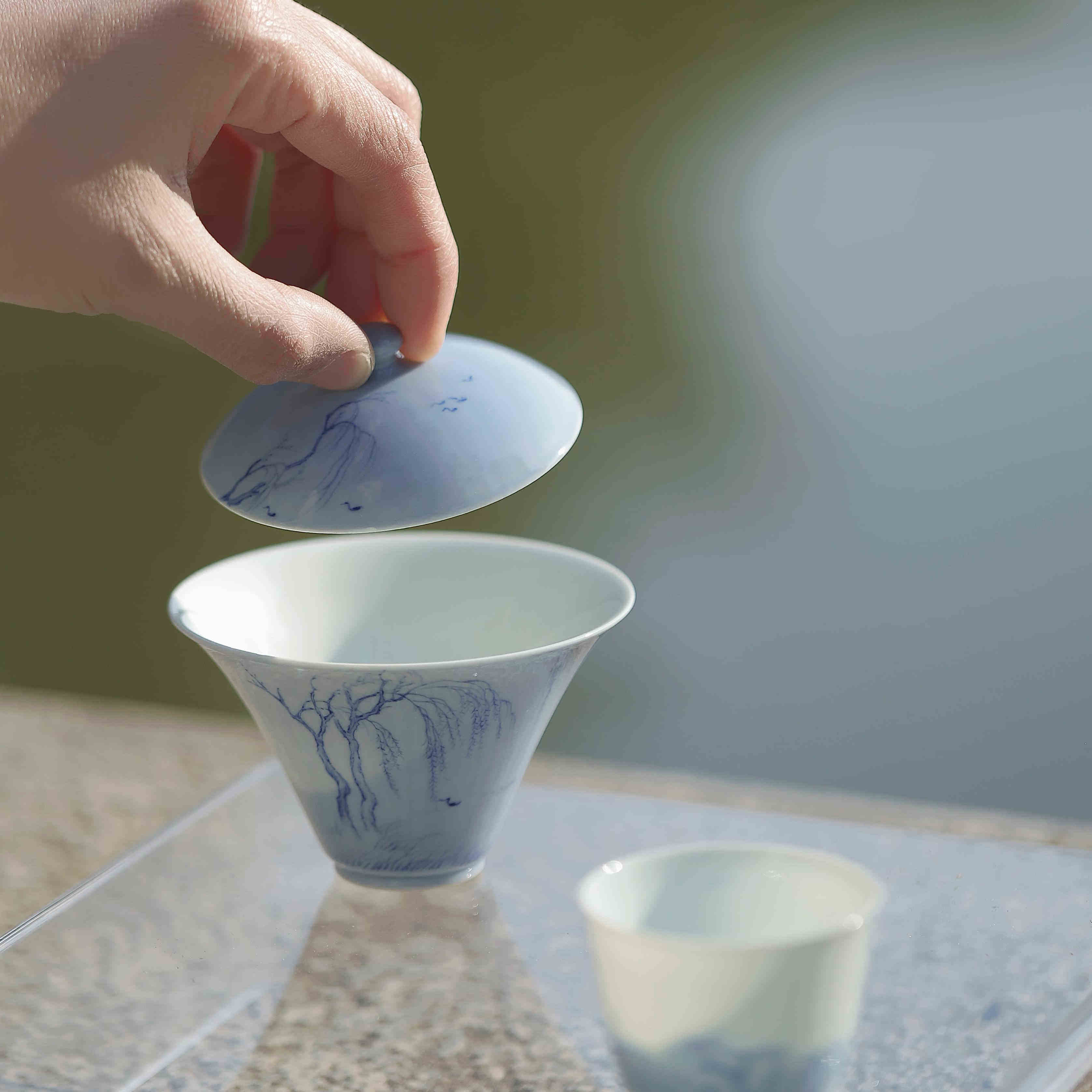 忘言造物景德镇纯手工高端茶具一江春水盖碗青花陶瓷手绘茶杯茶碗