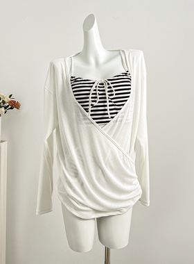 新款纯欲甜美条纹分体泳衣三件套女微透罩衫平角保守度假温泉泳装