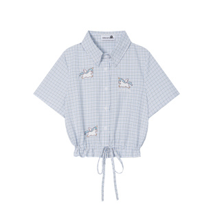 上衣休闲风 绑带收腰显瘦短款 可爱小马刺绣格子衬衫 女短袖